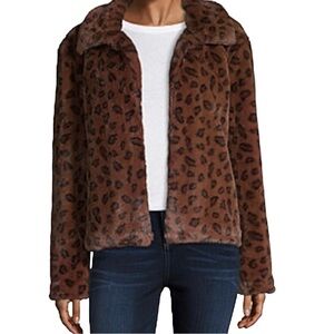 Sunset & Sixth Womens Animal Print Faux Fur Coat Size M Brown Black Cozy Classic